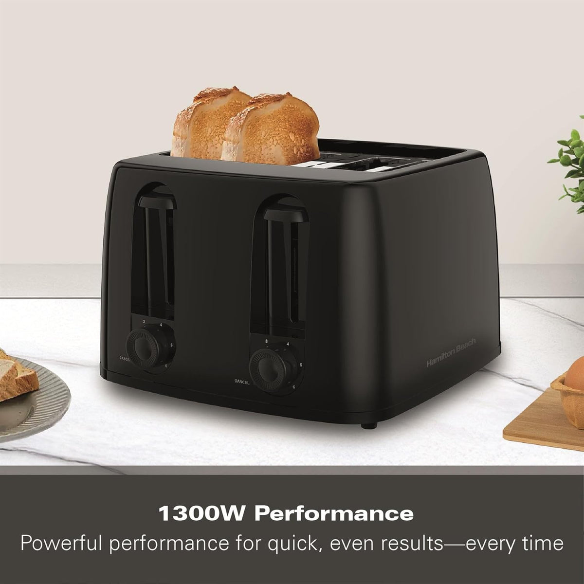 Hamilton Beach Essential 4-Slice Toaster Black 1300W 25.5cm x 25cm x 17cm HB4T5032B | 6 Browning Levels for Perfect Toast | Toast a Variety of Breads, from Bagels to Waffles, with 2.7cm Wide Slots | Removable Crumb Tray for Easy Clean-up and Mess-Free