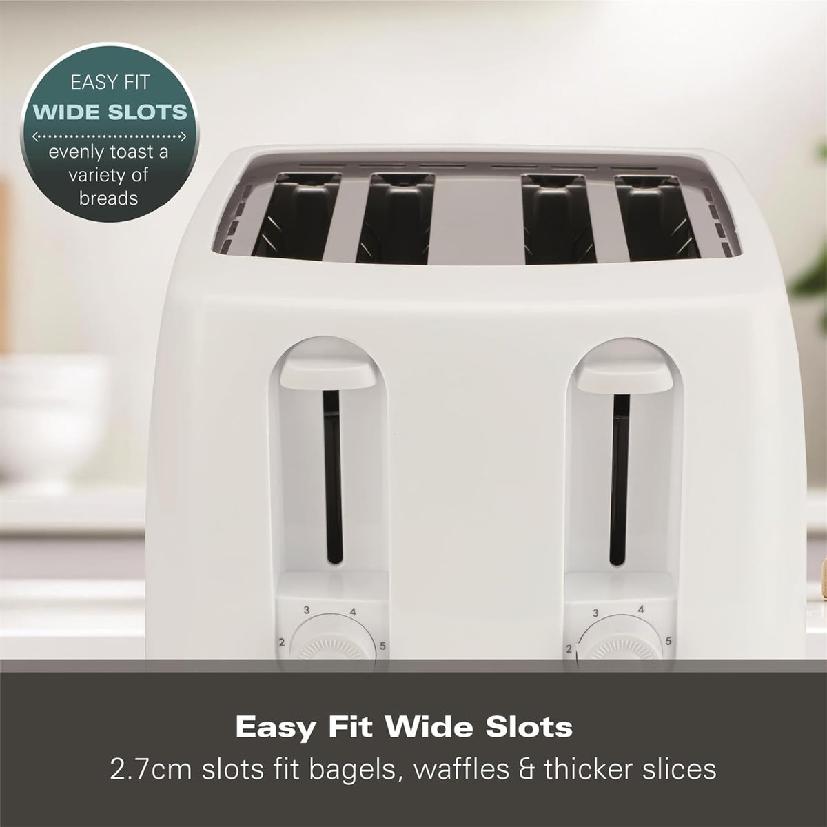 Hamilton Beach Essential 4-Slice Toaster White 1300W 25.5cm x 25cm x 17cm HB4T5032W | 6 Browning Levels for Perfect Toast | Toast a Variety of Breads, from Bagels to Waffles, with 2.7cm Wide Slots | Removable Crumb Tray for Easy Clean-up and Mess-Free