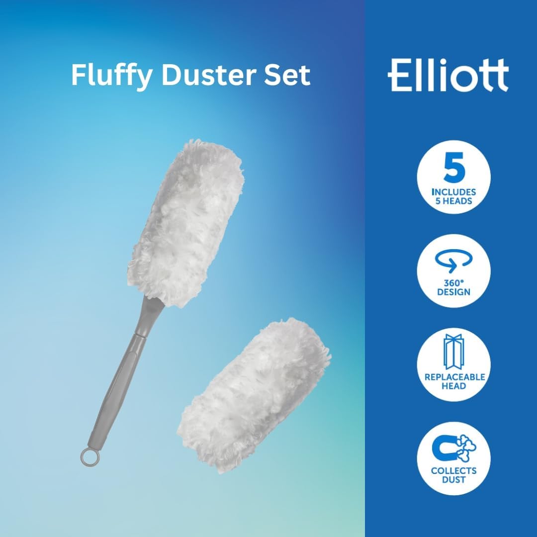 Elliott Fluffy Duster Grey and White 10F00096 | Includes 5 Heads | 360 Degree Design | Replaceable Head | Collects Dust | Compact Size that Fits Easily into Tight Spaces | Lightweight and Easy to Handle