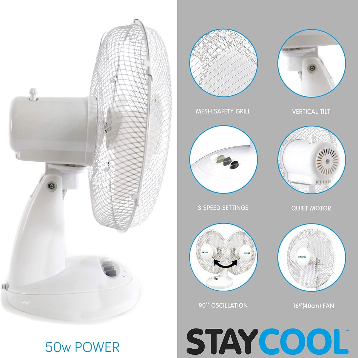 StayCool Oscillating Desk Fan White 16-Inch F1021WH | 3 Speed Settings | Quiet Motor | Mesh Safety Grill | Vertical Tilt | Static or 90 Degree Oscillation | 45W Power | Mesh Safety Grill