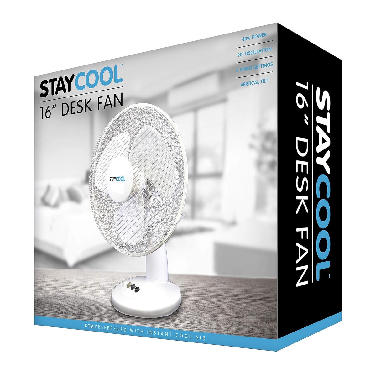 StayCool Oscillating Desk Fan White 16-Inch F1021WH | 3 Speed Settings | Quiet Motor | Mesh Safety Grill | Vertical Tilt | Static or 90 Degree Oscillation | 45W Power | Mesh Safety Grill