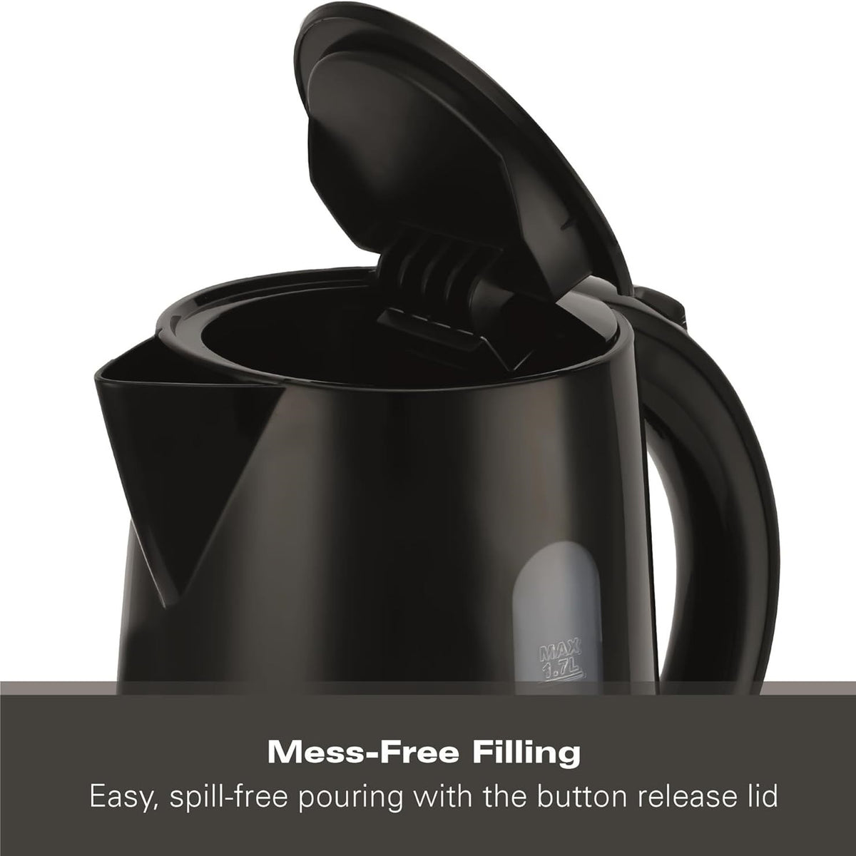 Hamilton Beach Essential Collection Rapid Boil Kettle 1.7Ltr Black HBK1301B | Boil Water Faster with 3kW Concealed Element | Boil Dry Protection | Button Release Lid | Lightweight | Durable Design | Water Indicator Window | User-Friendly