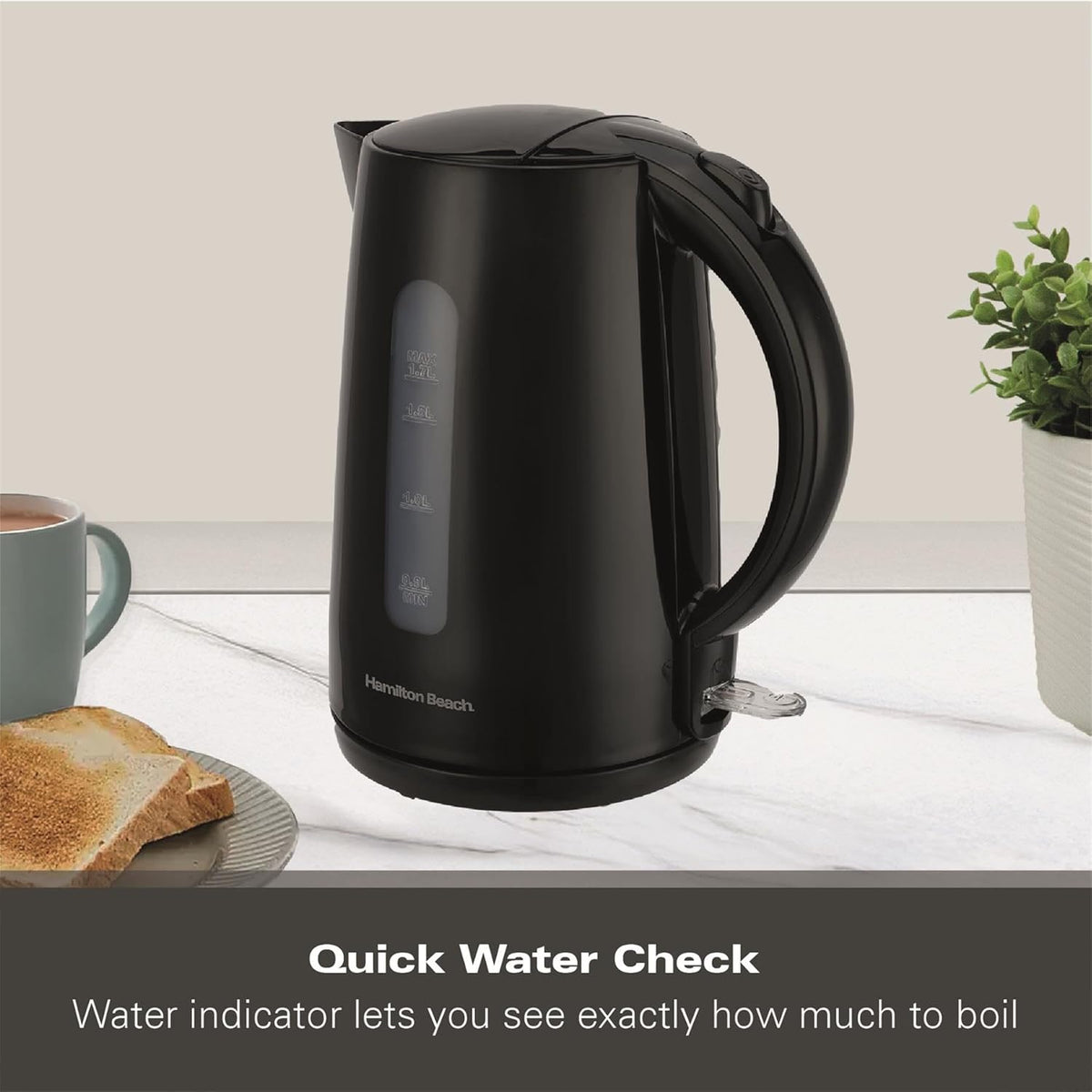 Hamilton Beach Essential Collection Rapid Boil Kettle 1.7Ltr Black HBK1301B | Boil Water Faster with 3kW Concealed Element | Boil Dry Protection | Button Release Lid | Lightweight | Durable Design | Water Indicator Window | User-Friendly