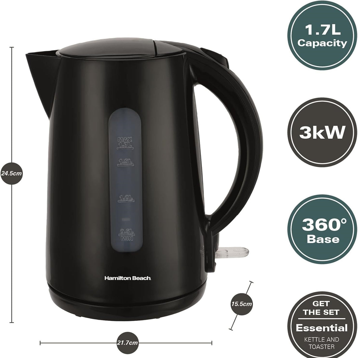 Hamilton Beach Essential Collection Rapid Boil Kettle 1.7Ltr Black HBK1301B | Boil Water Faster with 3kW Concealed Element | Boil Dry Protection | Button Release Lid | Lightweight | Durable Design | Water Indicator Window | User-Friendly