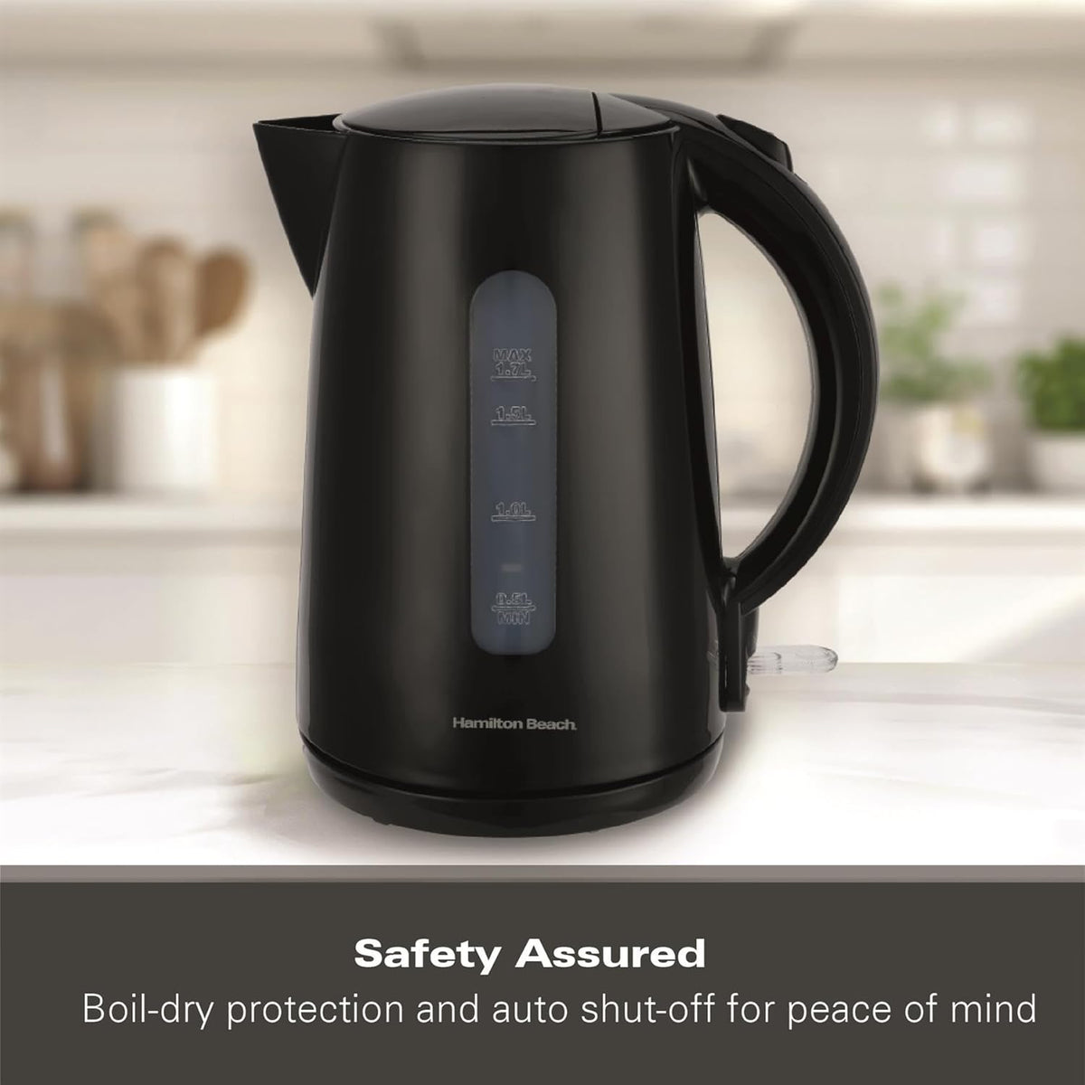 Hamilton Beach Essential Collection Rapid Boil Kettle 1.7Ltr Black HBK1301B | Boil Water Faster with 3kW Concealed Element | Boil Dry Protection | Button Release Lid | Lightweight | Durable Design | Water Indicator Window | User-Friendly