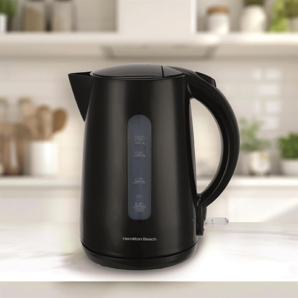 Hamilton Beach Essential Collection Rapid Boil Kettle 1.7Ltr Black HBK1301B | Boil Water Faster with 3kW Concealed Element | Boil Dry Protection | Button Release Lid | Lightweight | Durable Design | Water Indicator Window | User-Friendly