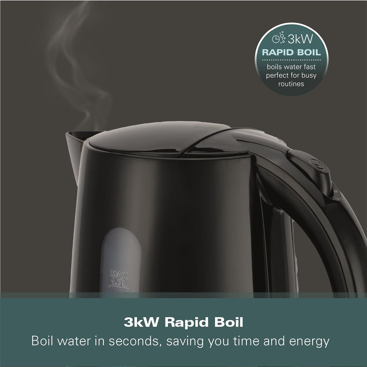 Hamilton Beach Essential Collection Rapid Boil Kettle 1.7Ltr Black HBK1301B | Boil Water Faster with 3kW Concealed Element | Boil Dry Protection | Button Release Lid | Lightweight | Durable Design | Water Indicator Window | User-Friendly