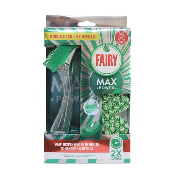 Addis Fairy Max Power Soap Dispensing Dish Brush Set Green 519861 | With 6 Refills | Non-Scratch Scrubber Pads | 2X Longer Lasting