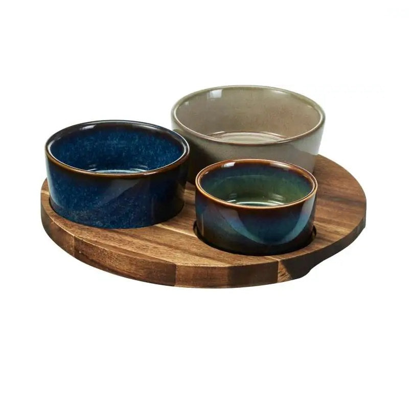 Excellent Houseware Ceramic Serving Set Assorted Colours Pack of 4 278001190 | Dipping Bowls with Round Wooden Tray | Ideal for Snacks-Sauces-Tapas and Appetisers