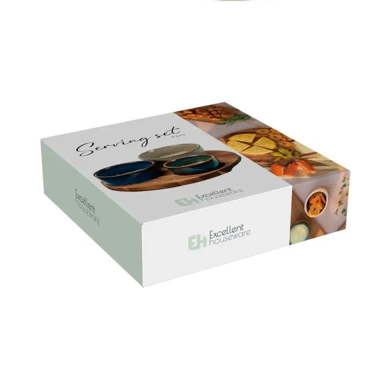 Excellent Houseware Ceramic Serving Set Assorted Colours Pack of 4 278001190 | Dipping Bowls with Round Wooden Tray | Ideal for Snacks-Sauces-Tapas and Appetisers