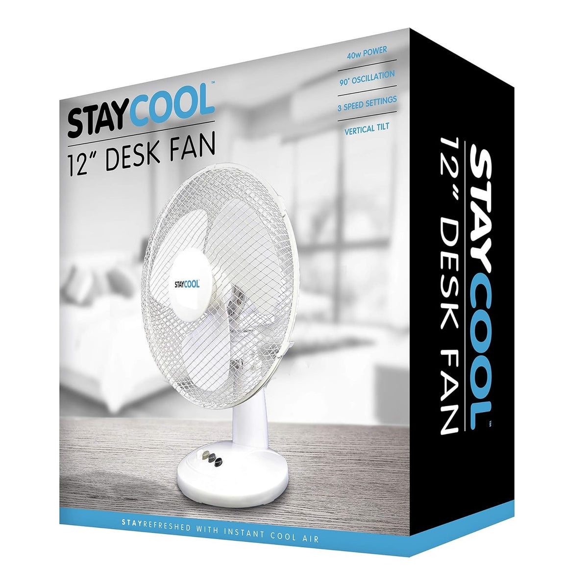 StayCool Oscillating Desk Fan White 12-Inch F1011WH | 3 Speed Settings | Quiet Motor | Mesh Safety Grill | Vertical Tilt | Static or 90 Degree Oscillation | 35W Power | Mesh Safety Grill