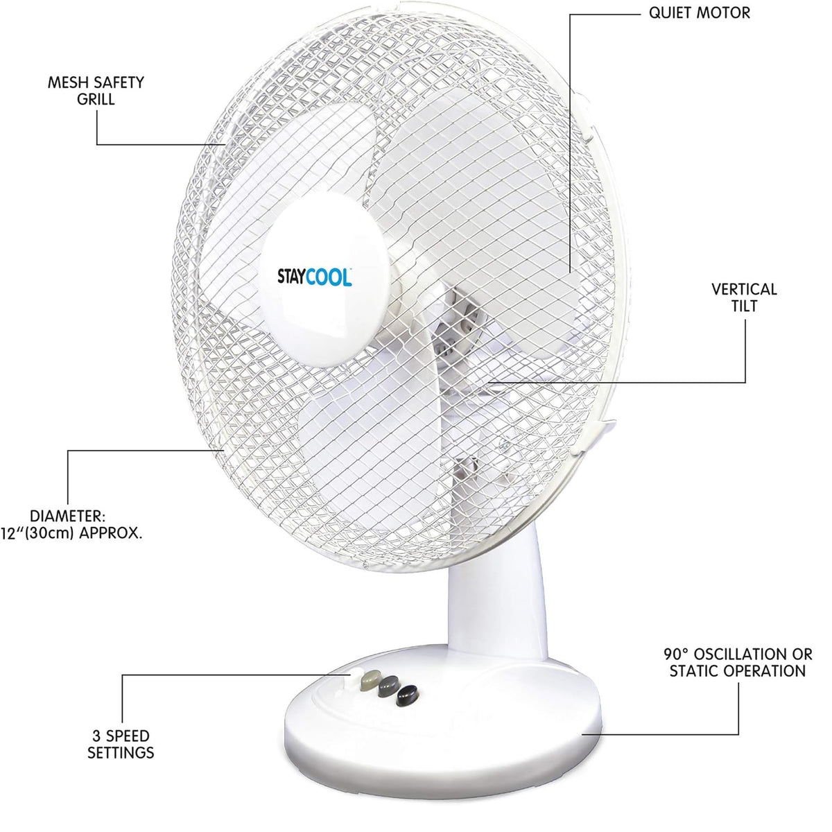 StayCool Oscillating Desk Fan White 12-Inch F1011WH | 3 Speed Settings | Quiet Motor | Mesh Safety Grill | Vertical Tilt | Static or 90 Degree Oscillation | 35W Power | Mesh Safety Grill
