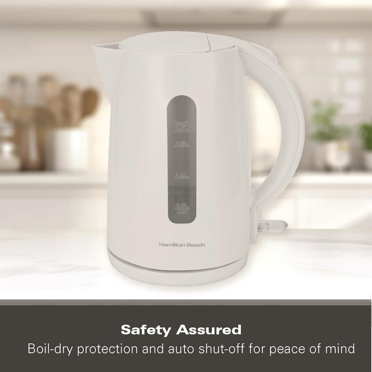 Hamilton Beach Essential Collection Rapid Boil Kettle 1.7Ltr White HBK1301W | Boil Water Faster with 3kW Concealed Element | Boil Dry Protection | Button Release Lid | Lightweight | Durable Design | Water Indicator Window | User-Friendly