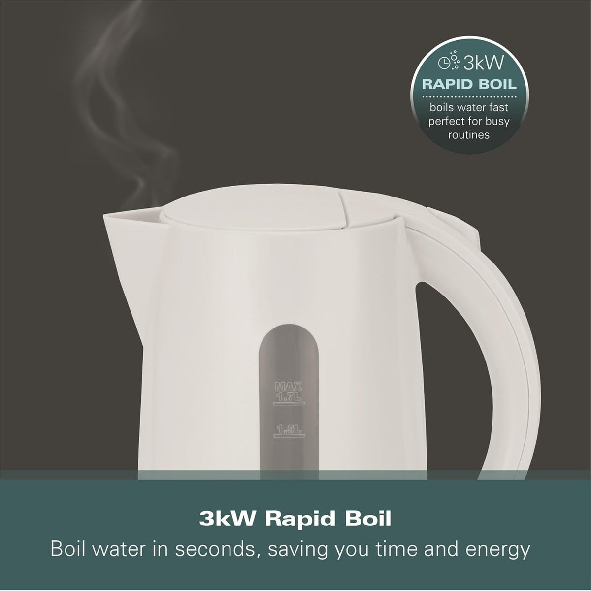 Hamilton Beach Essential Collection Rapid Boil Kettle 1.7Ltr White HBK1301W | Boil Water Faster with 3kW Concealed Element | Boil Dry Protection | Button Release Lid | Lightweight | Durable Design | Water Indicator Window | User-Friendly