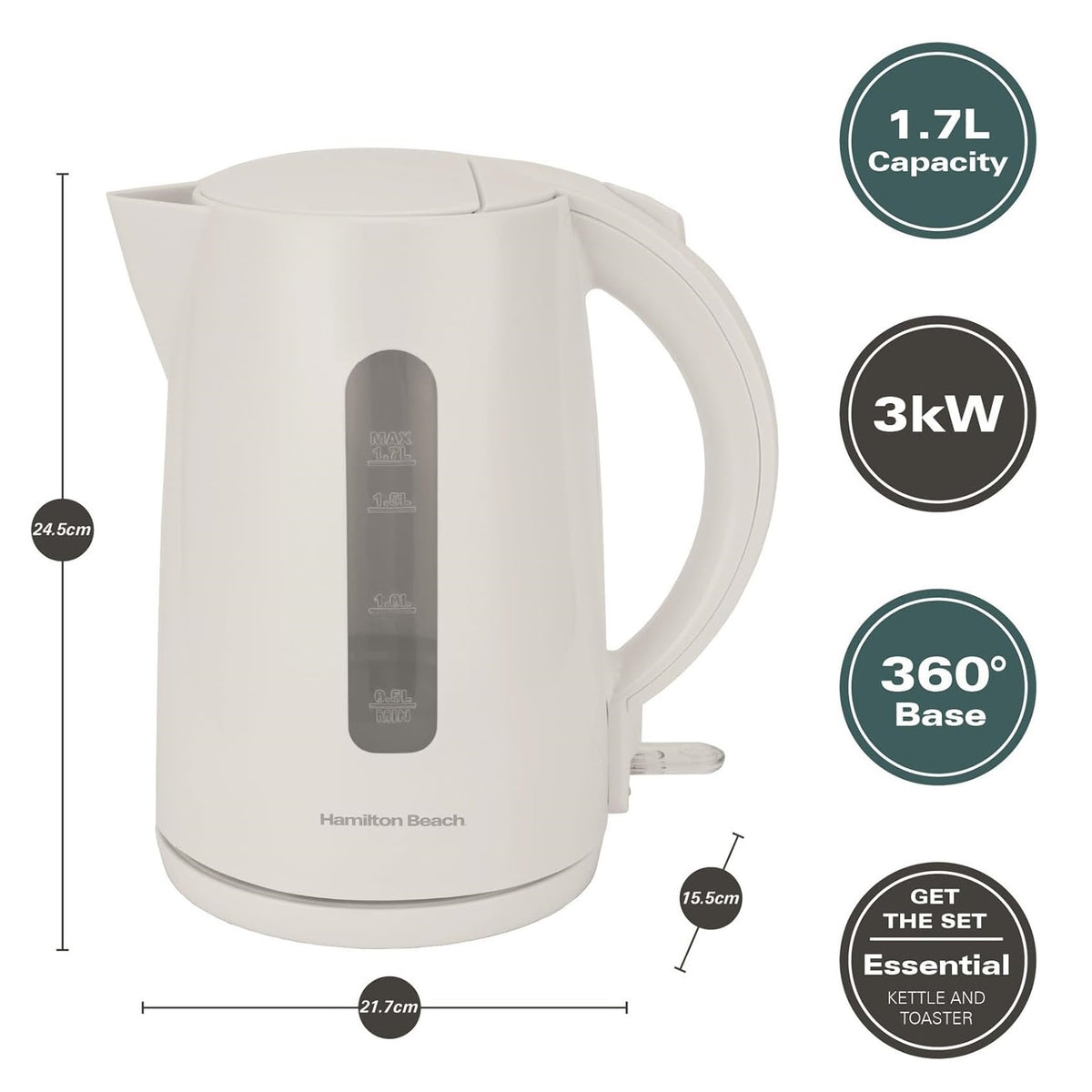Hamilton Beach Essential Collection Rapid Boil Kettle 1.7Ltr White HBK1301W | Boil Water Faster with 3kW Concealed Element | Boil Dry Protection | Button Release Lid | Lightweight | Durable Design | Water Indicator Window | User-Friendly