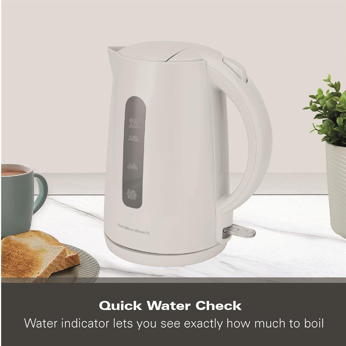 Hamilton Beach Essential Collection Rapid Boil Kettle 1.7Ltr White HBK1301W | Boil Water Faster with 3kW Concealed Element | Boil Dry Protection | Button Release Lid | Lightweight | Durable Design | Water Indicator Window | User-Friendly