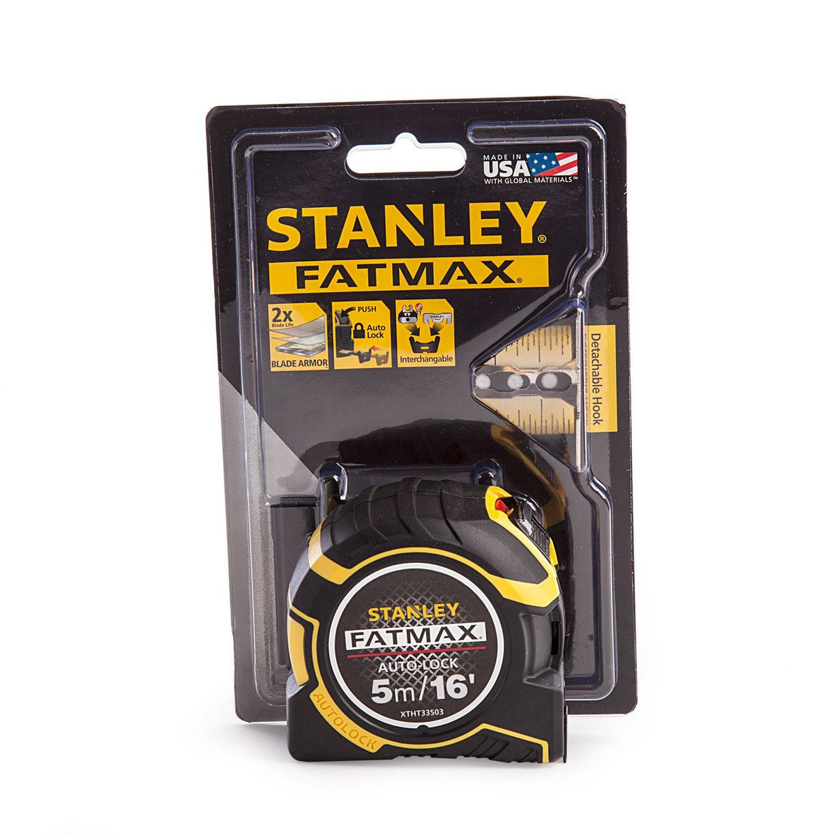 Stanley FatMax Autolock Tape Measure Yellow and Black 5Mtr XTHT0-33503 | Detachable Hook | 32mm Blade | 3.3Mtr Standout | Heavy-Duty Measuring Tool | TRU-ZERO Hook