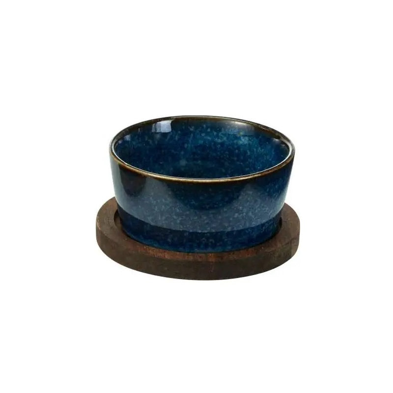 Excellent Houseware Ceramic Serving Set with Acacia Wood Tray Assorted Colours Pack of 4 278001160 | 2 Dipping Bowls | 2 Trays | Ideal for Snacks-Sauces-Appetisers