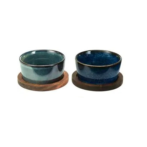 Excellent Houseware Ceramic Serving Set with Acacia Wood Tray Assorted Colours Pack of 4 278001160 | 2 Dipping Bowls | 2 Trays | Ideal for Snacks-Sauces-Appetisers