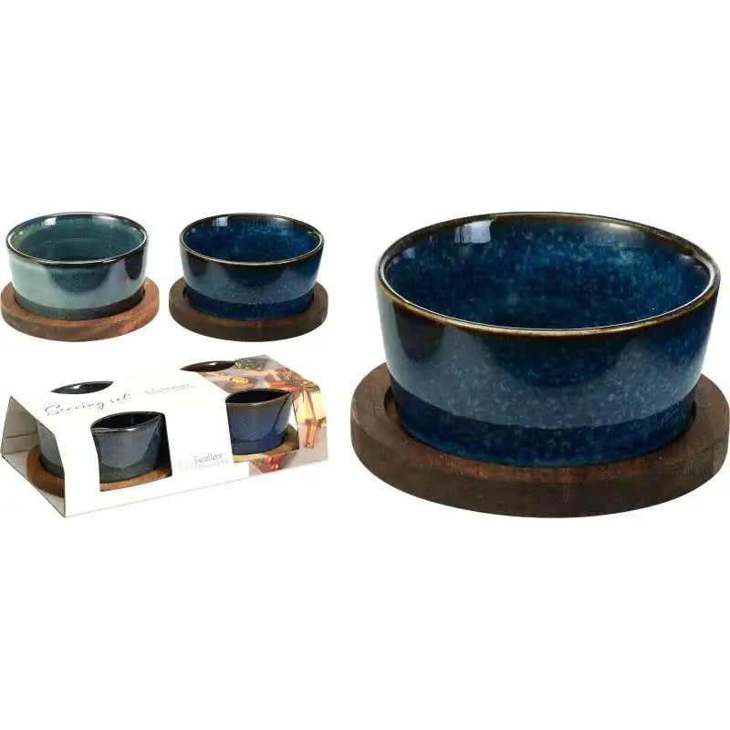 Excellent Houseware Ceramic Serving Set with Acacia Wood Tray Assorted Colours Pack of 4 278001160 | 2 Dipping Bowls | 2 Trays | Ideal for Snacks-Sauces-Appetisers