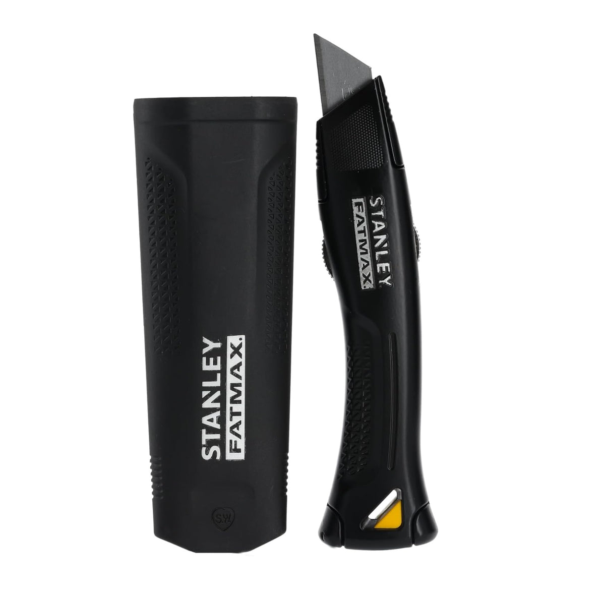 Stanley FatMax Heavy Duty Trade Knife Black FMHT10500-0 | Retractable Utility Knife with Holster | Hardened Blade Carrier | Ideal for Tough Cutting Jobs | 2 x Fatmax Spare Blades