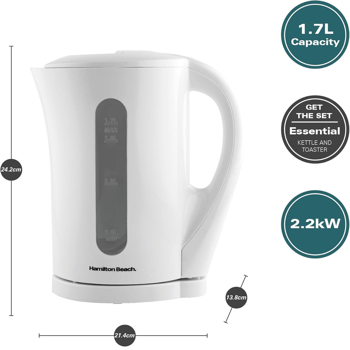Hamilton Beach Essential Collection Plastic Kettle White 1.7Ltr HB1107W | Boil Dry Protection | Auto Shutt Off| Lightweight | Durable Design | Water Level Indicator | Easy Refills