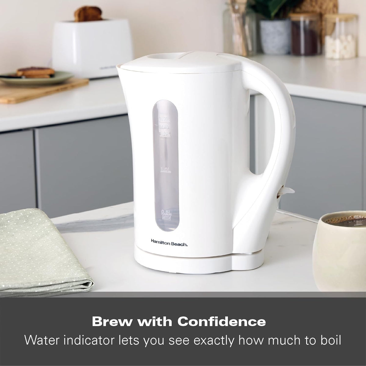 Hamilton Beach Essential Collection Plastic Kettle White 1.7Ltr HB1107W | Boil Dry Protection | Auto Shutt Off| Lightweight | Durable Design | Water Level Indicator | Easy Refills