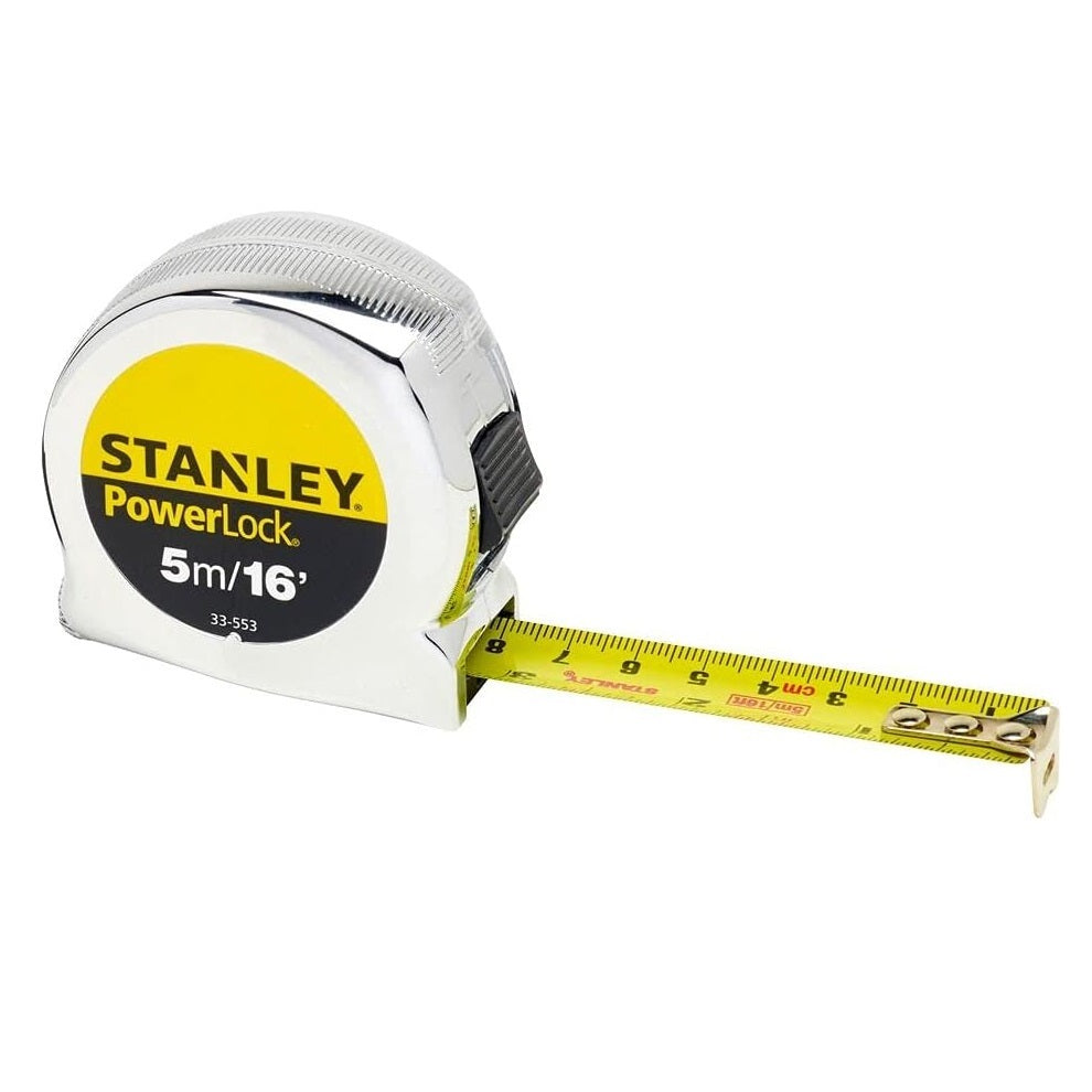 Stanley PowerLock Tape Measure Silver 5Mtr 0-33-553 | Durable Chrome Case | Tru-Zero Hook | Metric and Imperial Markings