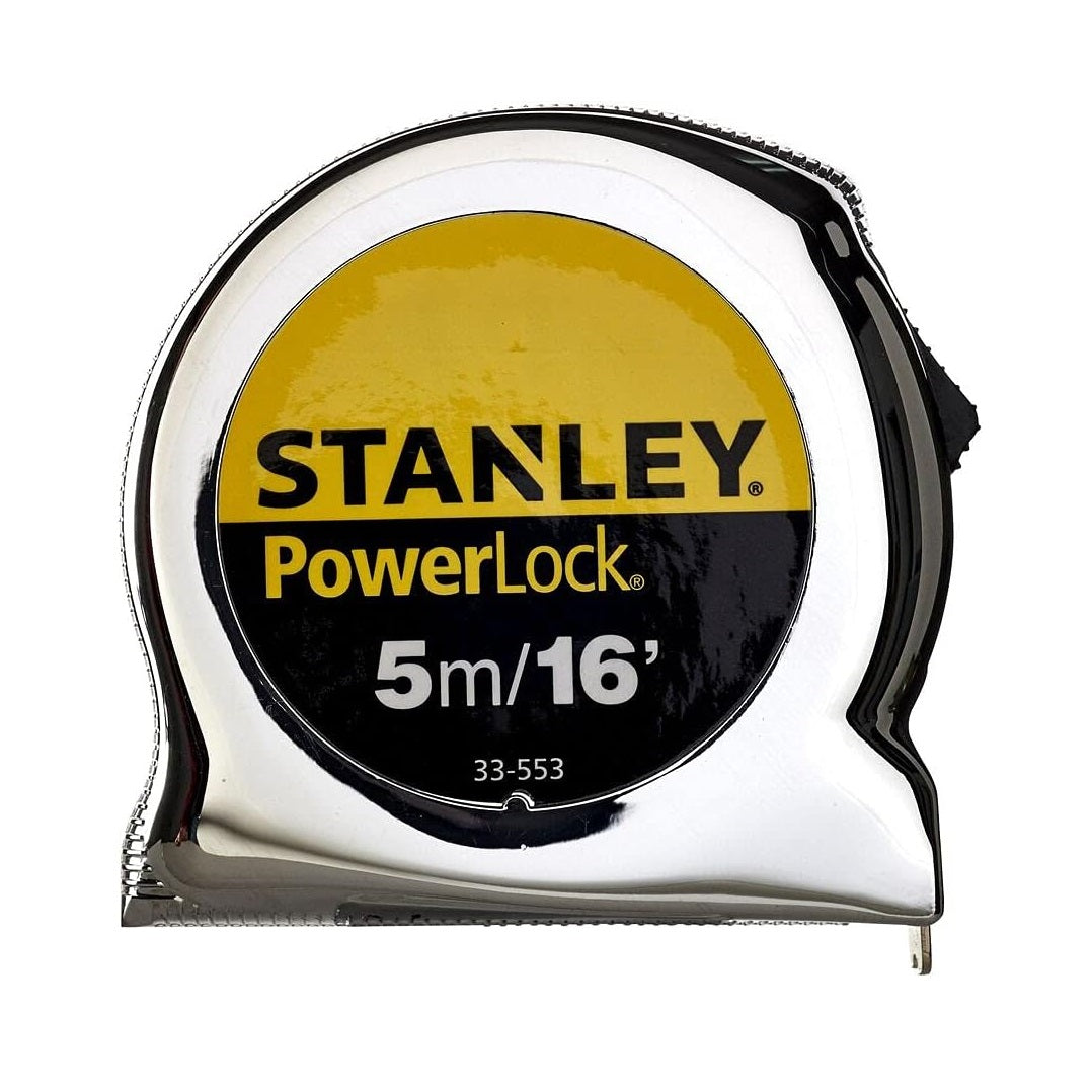 Stanley PowerLock Tape Measure Silver 5Mtr 0-33-553 | Durable Chrome Case | Tru-Zero Hook | Metric and Imperial Markings