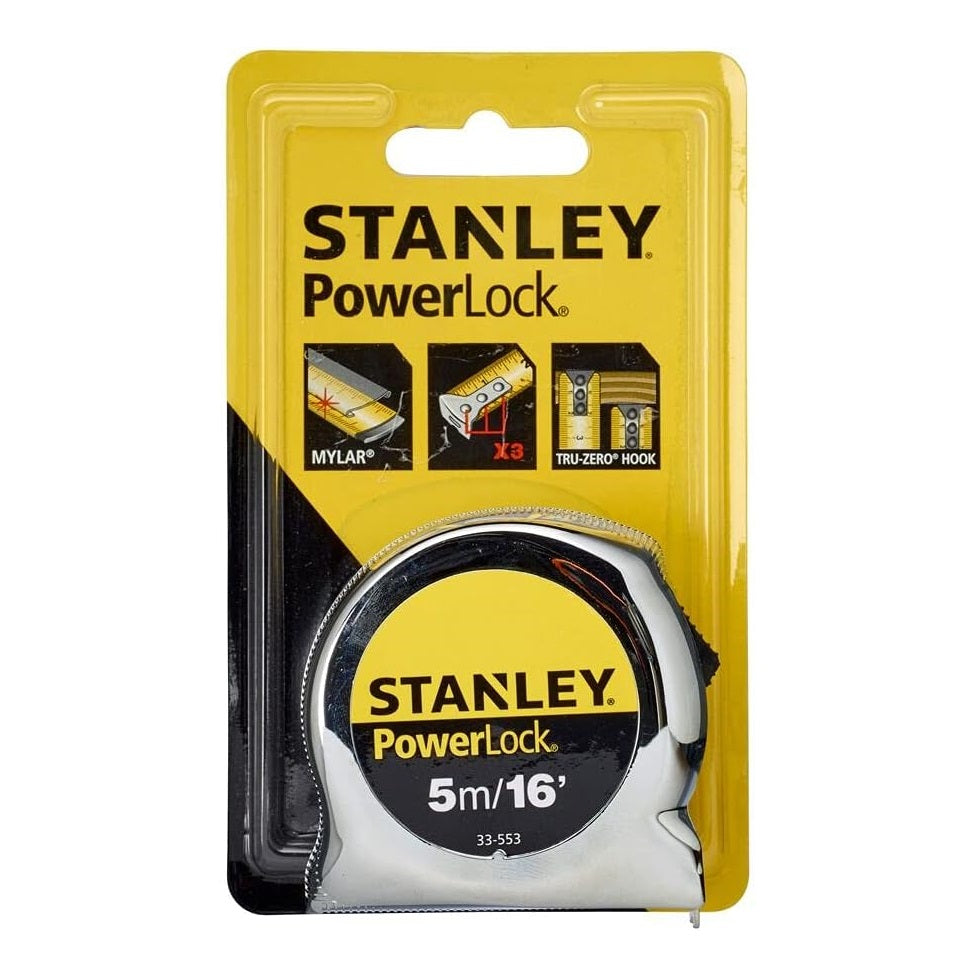 Stanley PowerLock Tape Measure Silver 5Mtr 0-33-553 | Durable Chrome Case | Tru-Zero Hook | Metric and Imperial Markings