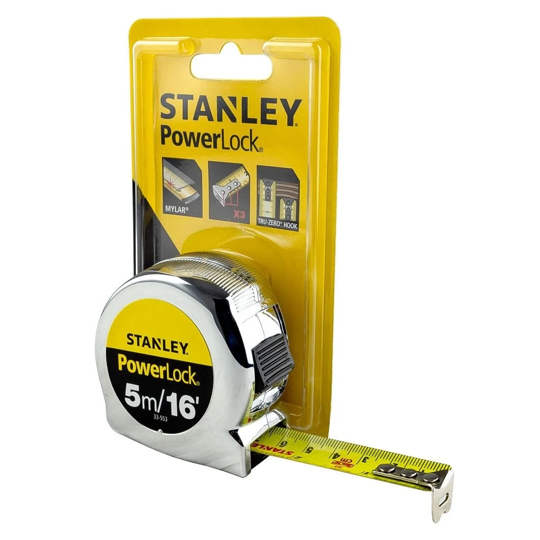 Stanley PowerLock Tape Measure Silver 5Mtr 0-33-553 | Durable Chrome Case | Tru-Zero Hook | Metric and Imperial Markings