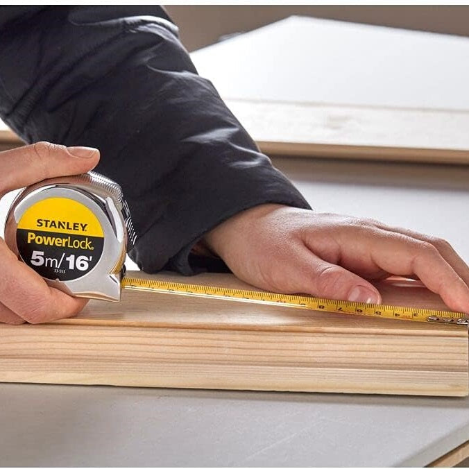 Stanley PowerLock Tape Measure Silver 5Mtr 0-33-553 | Durable Chrome Case | Tru-Zero Hook | Metric and Imperial Markings