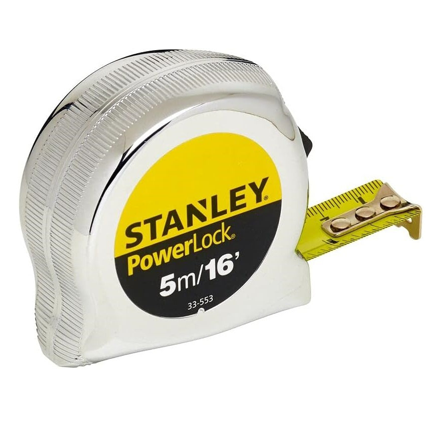 Stanley PowerLock Tape Measure Silver 5Mtr 0-33-553 | Durable Chrome Case | Tru-Zero Hook | Metric and Imperial Markings