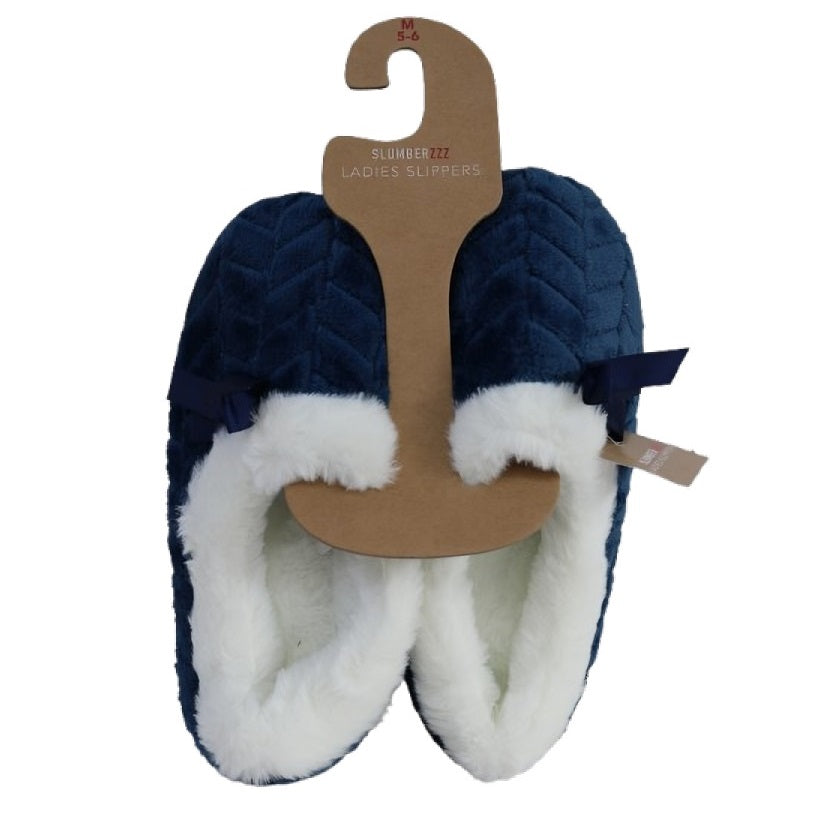 Slumberzzz Ladies Fur Lined Chevron Full Slipper Navy FT2381