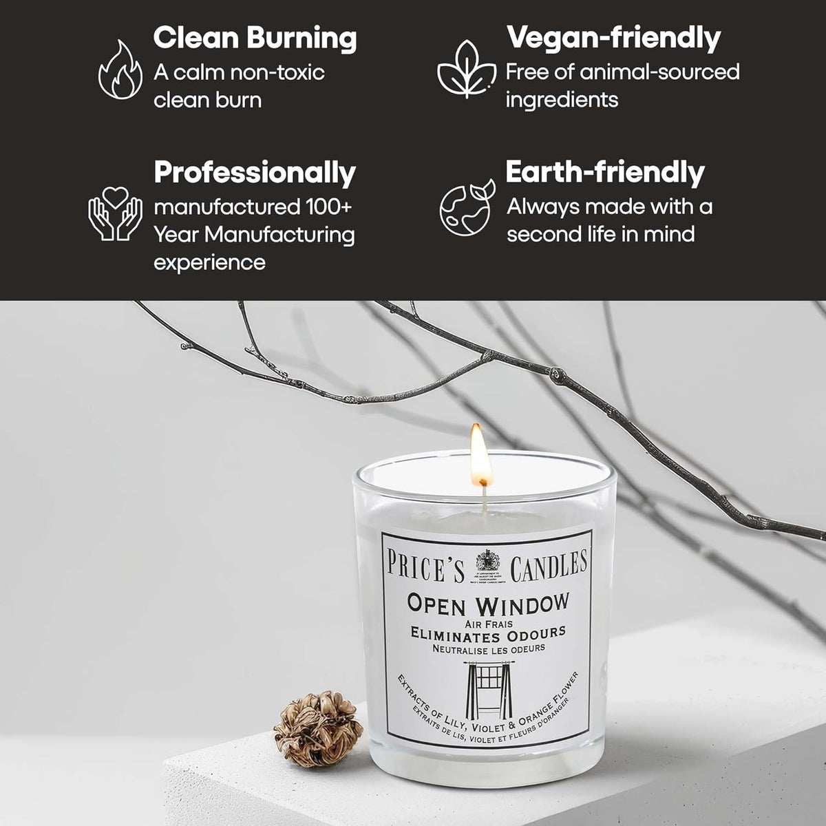 Prices Open Window Scented Jar Candle White H8cm x D7cm PRI363634 | Eliminates Odours | Extracts of Lily - Violet and Orange Flower