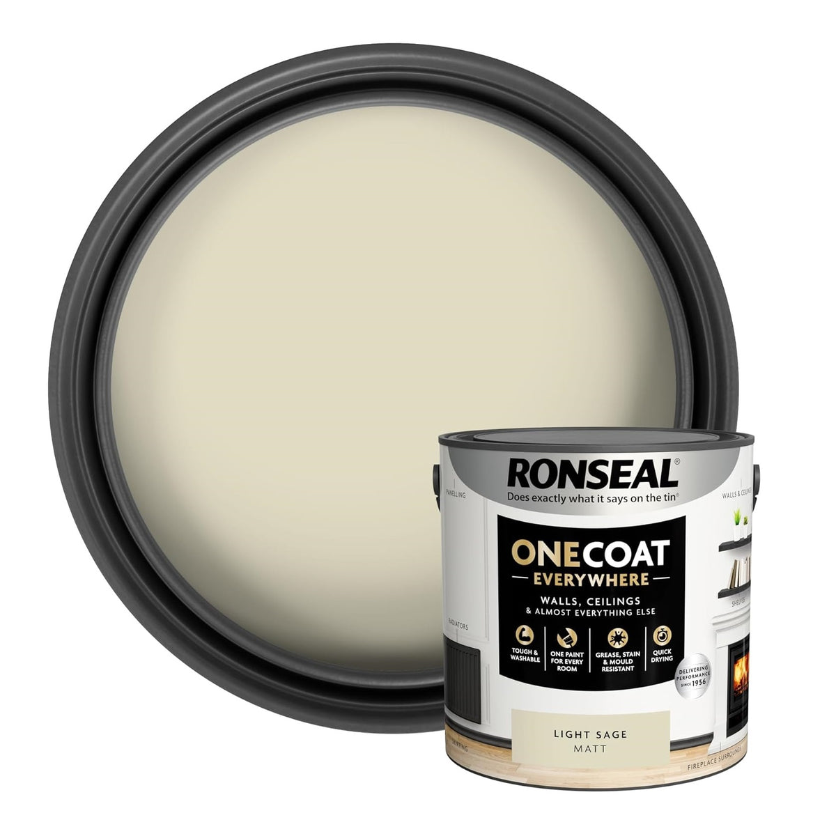 Ronseal One Coat Everywhere Quick Drying Paint Matt Finish Light Sage 2.5Ltr 62204.76 | Interior Paint | For Walls-Ceilings and More | Tough | Washable | Grease-Stain and Mould Resistant