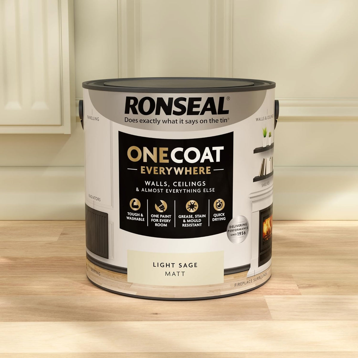 Ronseal One Coat Everywhere Quick Drying Paint Matt Finish Light Sage 2.5Ltr 62204.76 | Interior Paint | For Walls-Ceilings and More | Tough | Washable | Grease-Stain and Mould Resistant
