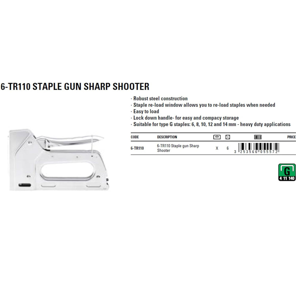 Stanley Heavy-Duty Staple Gun Silver 6-TR110 | Suitable for Type G Staples- 6mm, 8mm, 10mm, 12mm and 14 mm