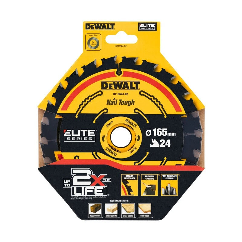Dewalt Elite 24T Circular Saw Blade Black 165mm x 20mm DT10624-QZ | Impact Resistant | Premium Carbide | Fast Accurate Cutting
