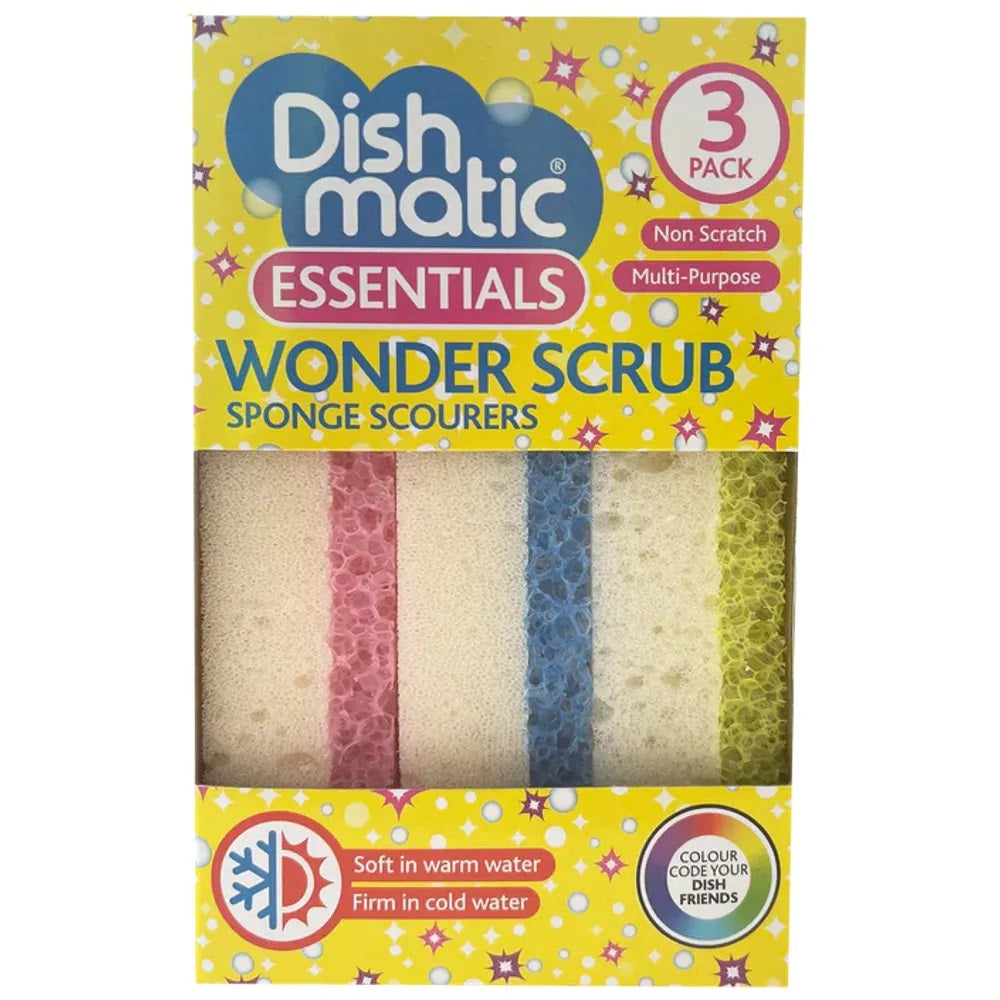 Dishmatic Wonder Scrubs Sponge Scourers Assorted Colours Pack of 3 HODIS031 | Non Scratch | Multipurpose | Soft in Warm Water | Firm in Cold Water
