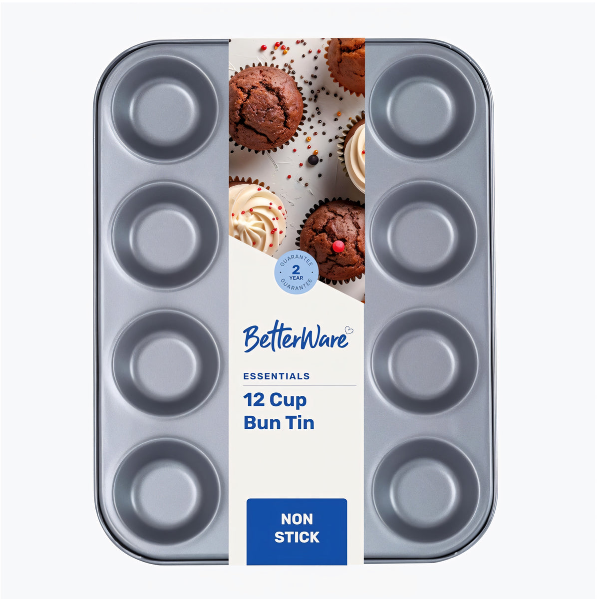 Betterware Essentials 12 Cup Bun Tray Silver 31.5cm x 24cm x 1.5cm 67560 | Non-Stick Coating for Easy Release | Dishwasher Safe for Hassle-Free Cleanup | Fridge and Freezer Safe