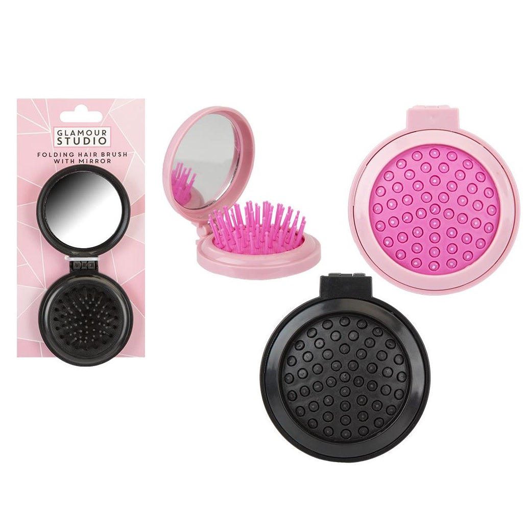 PMS Glamour Studio Folding Hair Brush with Mirror Assorted Colours 722081