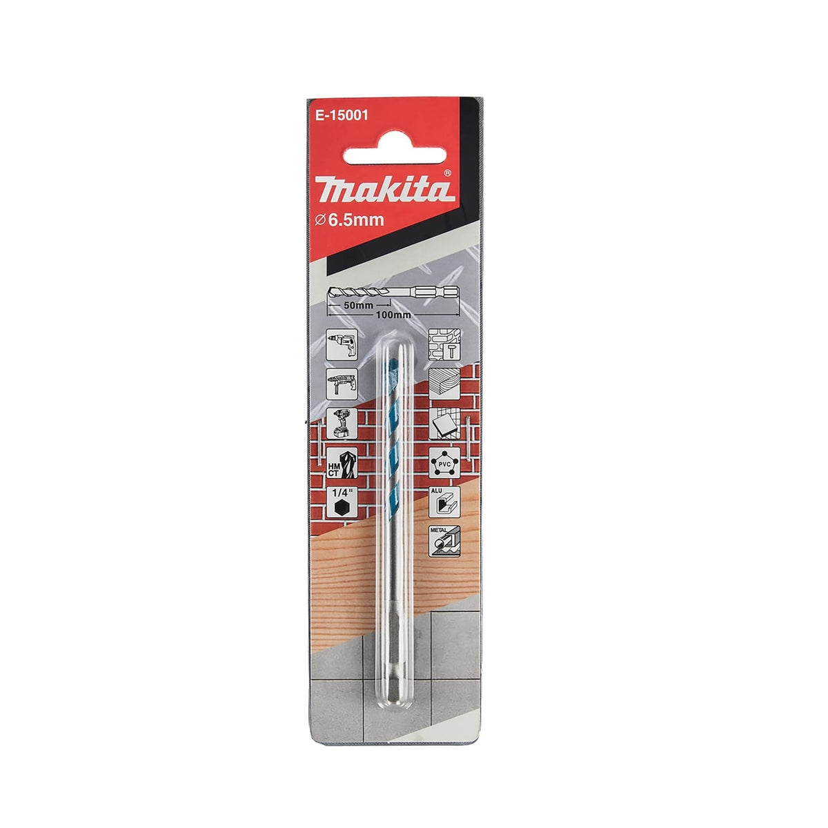 Makita Multi-Purpose TCT Drill Bit 6.5mm x 100mm Silver and Blue E-15001 | Compatible with Impact Drivers and Drills | For Metal-Wood-Brick-Tile-PVC and Aluminium