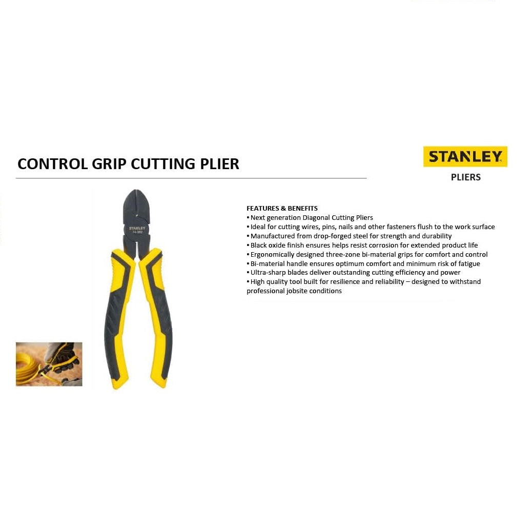 Stanley Dynagrip Diagonal Cutting Pliers Yellow and Black 150mm STHT0-74362 | 3-Zone Grip | Precision Wire Cutter for Electrical and DIY Use