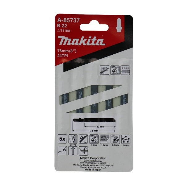 Makita B-22 Jigsaw Blades Black 76mm Pack of 5 A-85737 | T118A | 24TPI | HSS | For Cutting Metal-Aluminium-PVC and Stainless Steel