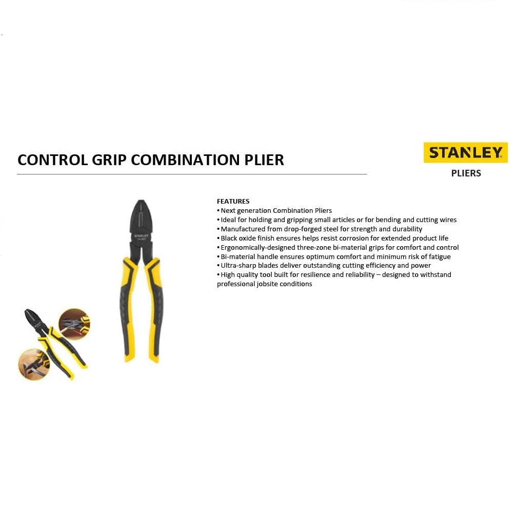 Stanley Dynagrip Combination Pliers Yellow and Black 200mm STHT0-74367 | Precision Wire Cutter for Electrical and DIY Use