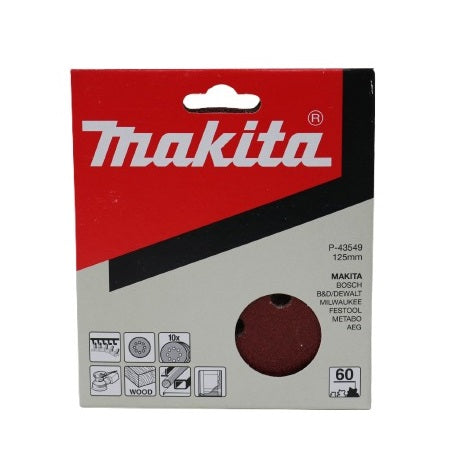 Makita Hook and Loop Abrasice Sanding 60 Grit Disc Brown 125mm Pack of 10 P-43549 | Compatible with Makita-Bosch-DeWalt-Festool-Milwaukee-Metabo and AEG | Ideal for Wood and Paint Removal