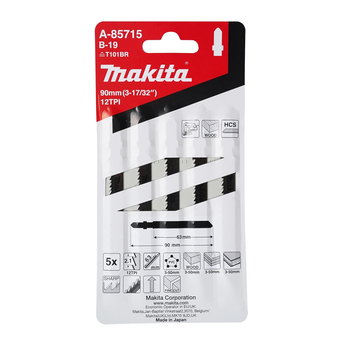 Makita B-19 Jigsaw Blades Silver 90mm Pack of 5 A-85715 | T101BR | 12TPI | HCS | For Cutting Plastic-PVC and Plywood