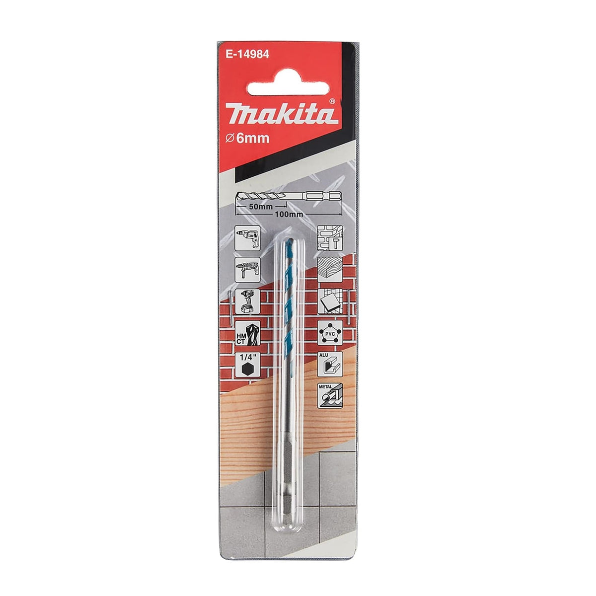 Makita Multi-Purpose TCT Drill Bit 6mm x 100mm Silver and Blue E-14984 | Compatible with Impact Drivers and Drills | For Metal-Wood-Brick-Tile-PVC and Aluminium