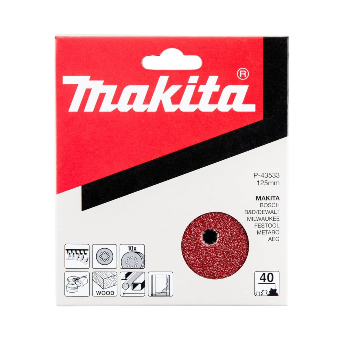 Makita Hook and Loop Abrasice Sanding 40 Grit Disc Brown 125mm Pack of 10 P-43533 | Compatible with Makita-Bosch-DeWalt-Festool-Milwaukee-Metabo and AEG | Ideal for Wood and Paint Removal